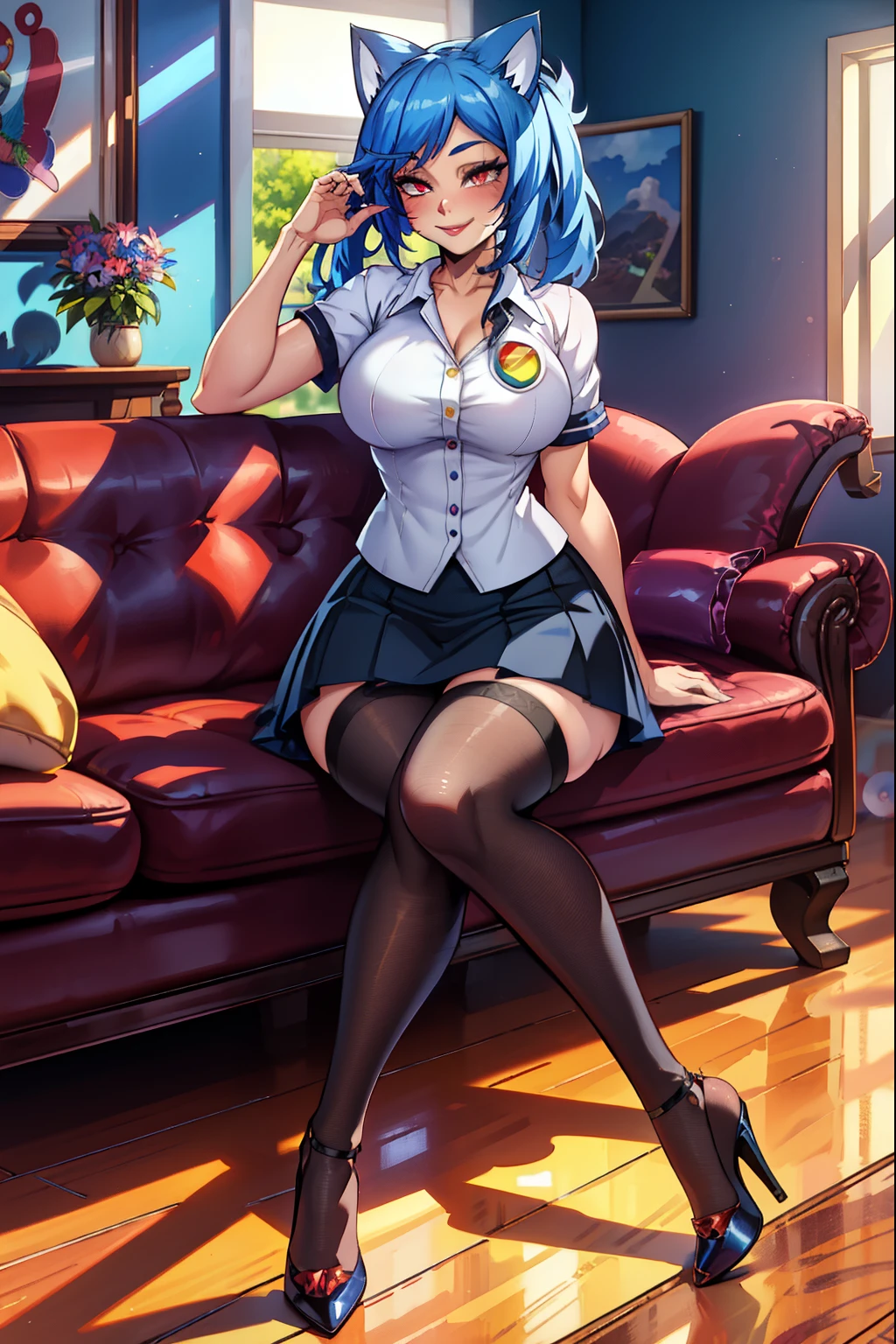 cat girl, blue hair, red eyes, cat ears, cat tail,white shirt, skirt, (extremely detailed CG unity 4k wallpaper),(masterpiece),(best quality),(ultra-detailed),(best illustration),(best shadow),(absurdres),(detailed background), Smiling, Contemporary house, Lipstick, Eyeshadow, High heels, 