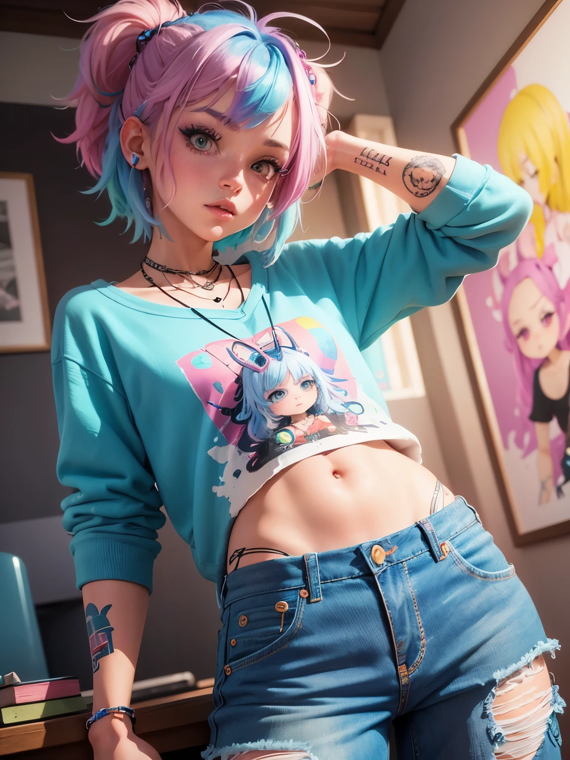 Create a girl cute and bright cartoon illustration,With lots of tattoos, rainbow color hair, punk necklace, Soft blue short sweatshirt, long levis trousers, cool pose, background Funk room full of paintings. 3D art, fine details, rich colors, clay texture, pastel lighting, low angle shot, OC renderer, C4D, best quality, 8K