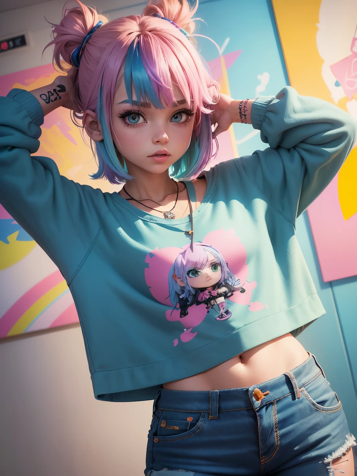 Create a girl cute and bright cartoon illustration,With lots of tattoos, rainbow color hair, punk necklace, Soft blue short sweatshirt, long levis trousers, cool pose, background Funk room full of paintings. 3D art, fine details, rich colors, clay texture, pastel lighting, low angle shot, OC renderer, C4D, best quality, 8K