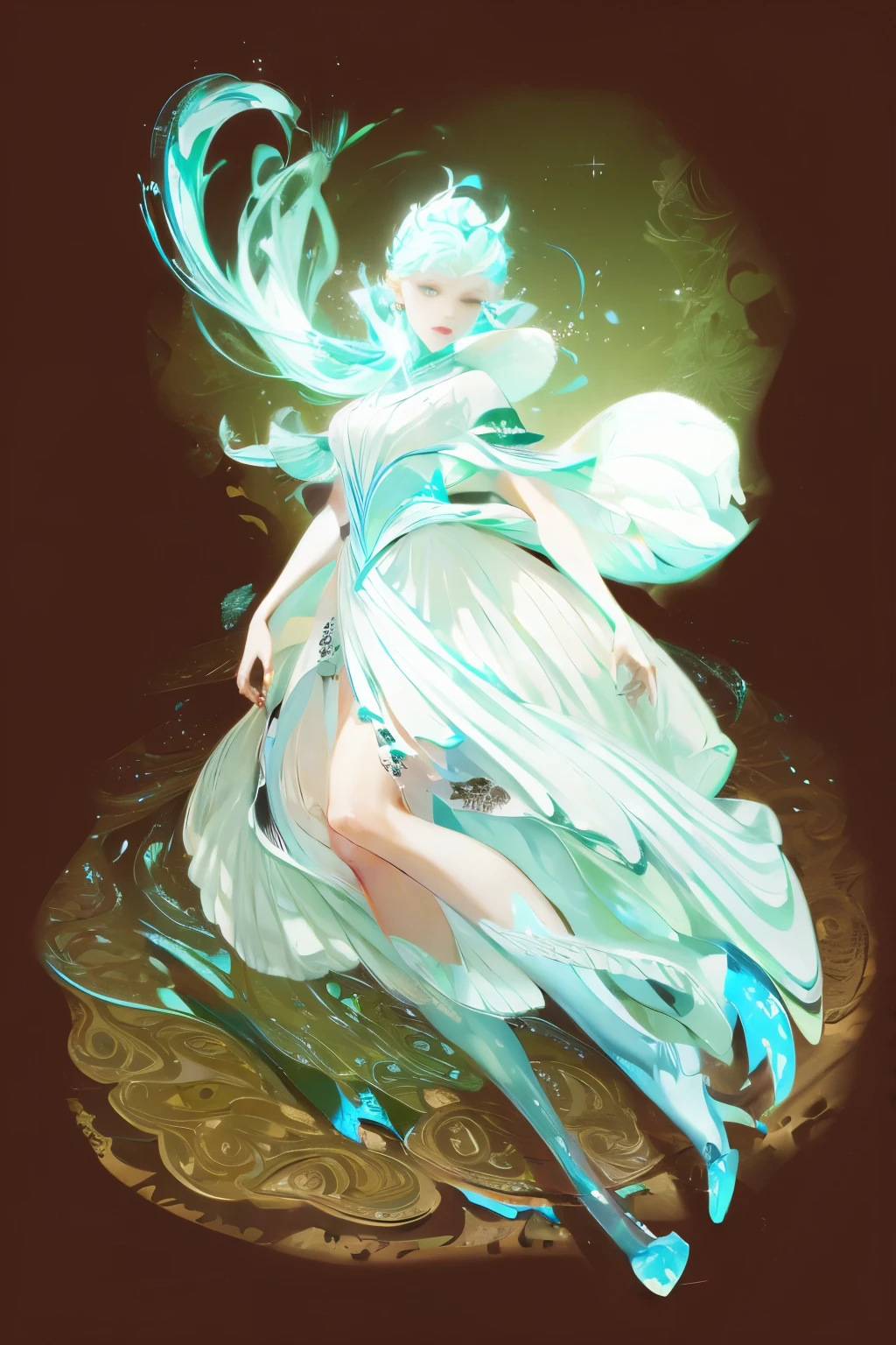 ((High quality work)), Clean and simple lines, The green dress and beautiful ruffled lace complement each other, Enriches the layering of the entire picture, Elegant Edwardian lace dresses and princess dresses add a lot of color to the characters, Gesture with hands behind back , It also shows the gentle and elegant side of women.