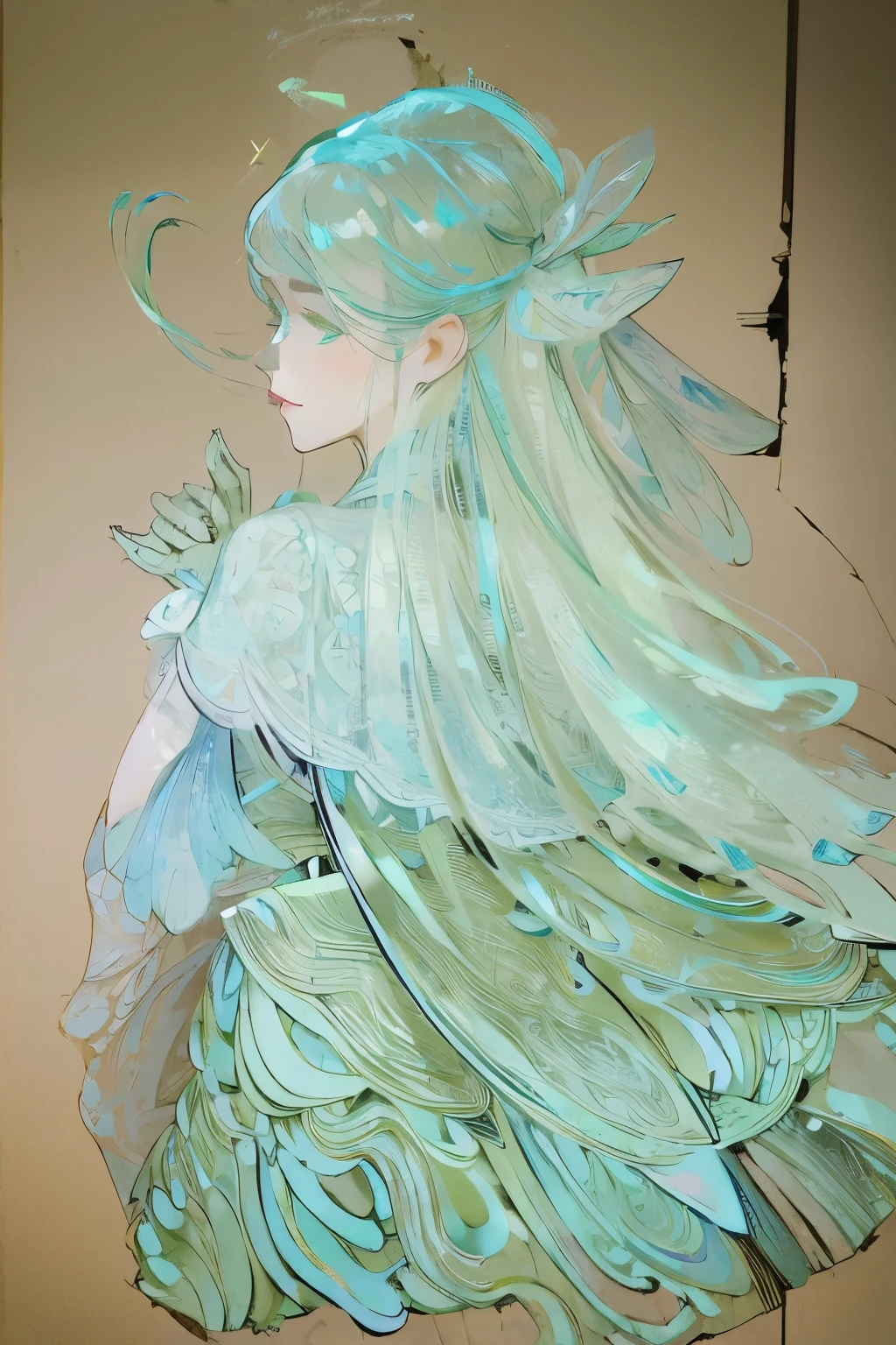 ((High quality work)), Clean and simple lines, The green dress and beautiful ruffled lace complement each other, Enriches the layering of the entire picture, Elegant Edwardian lace dresses and princess dresses add a lot of color to the characters, Gesture with hands behind back , It also shows the gentle and elegant side of women.