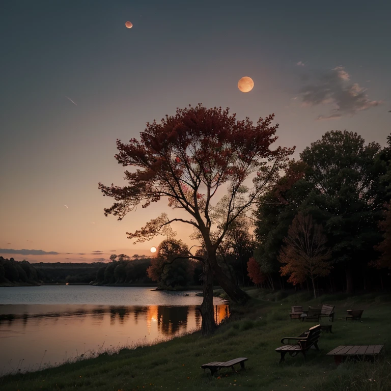 There is a bench in the grass near a lake and a giant tree, cattle grazing near the trees, the moon reflects in the water, full moon in the background, full moon in the background, big moon in the background, red moon in the background!, (red moon in the background), red moon reflecting in the water, moon in the background, perfect and sharp red moon, red Moon in the background  