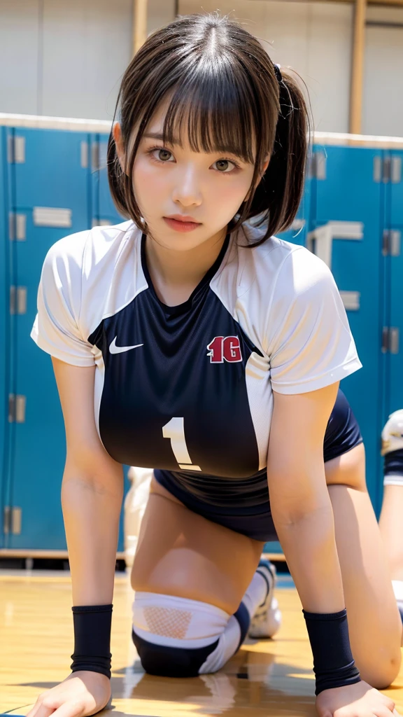 muste piece, best quality, illustration, Super detailed, fine details, High resolution, 8K,wall paper, perfect dynamic composition,(Details High quality, realistic depiction of eyes:1.3), (short hair volleyball player, Volleyball Uniforms), Tight clothes, locker room, (large breasts), black hair color, Big Natural Color Lip, bold sexy pose, (perfect body shape), Do gal makeup, sexy face, Harajuku style、20 year old girl、cute type、ta、beautiful legs, hposing Gravure Idol, Voluptuous thighs, getting pounded from behind, on all fours