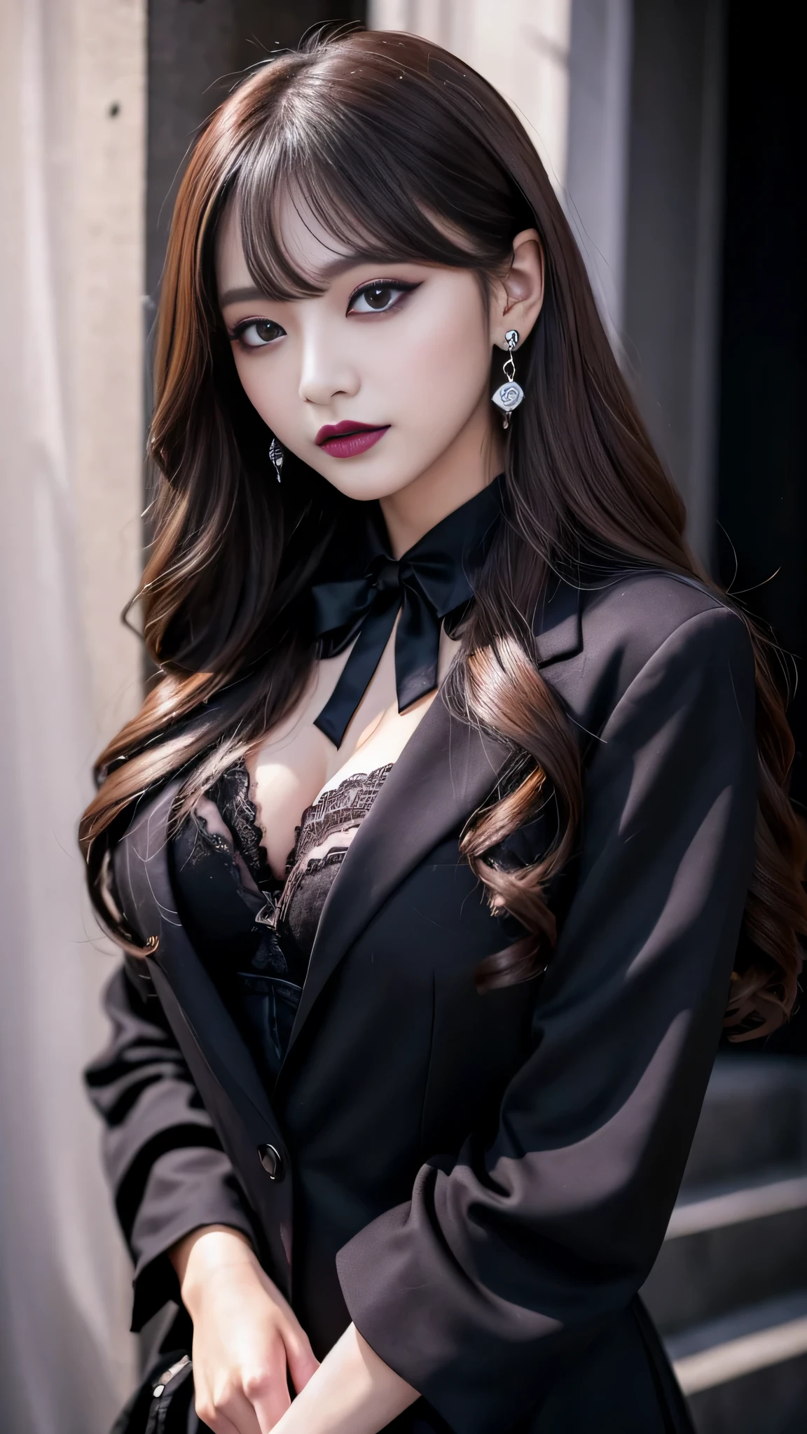 Super detailed、Japanese、charming beauty、seductive adult woman、Beautiful woman、sharp eyes、cool girl、wavy hair、flowing bangs、suit、Jacket、blouse、Tight Skirt、pantyhose、beautiful feet、evilの幹部、evil depravity、brainwashing、Mind control、lipstick、grin、evilな表情、evil、empty eyes、evil、church at night、vampire、Succubus、vampire、lure