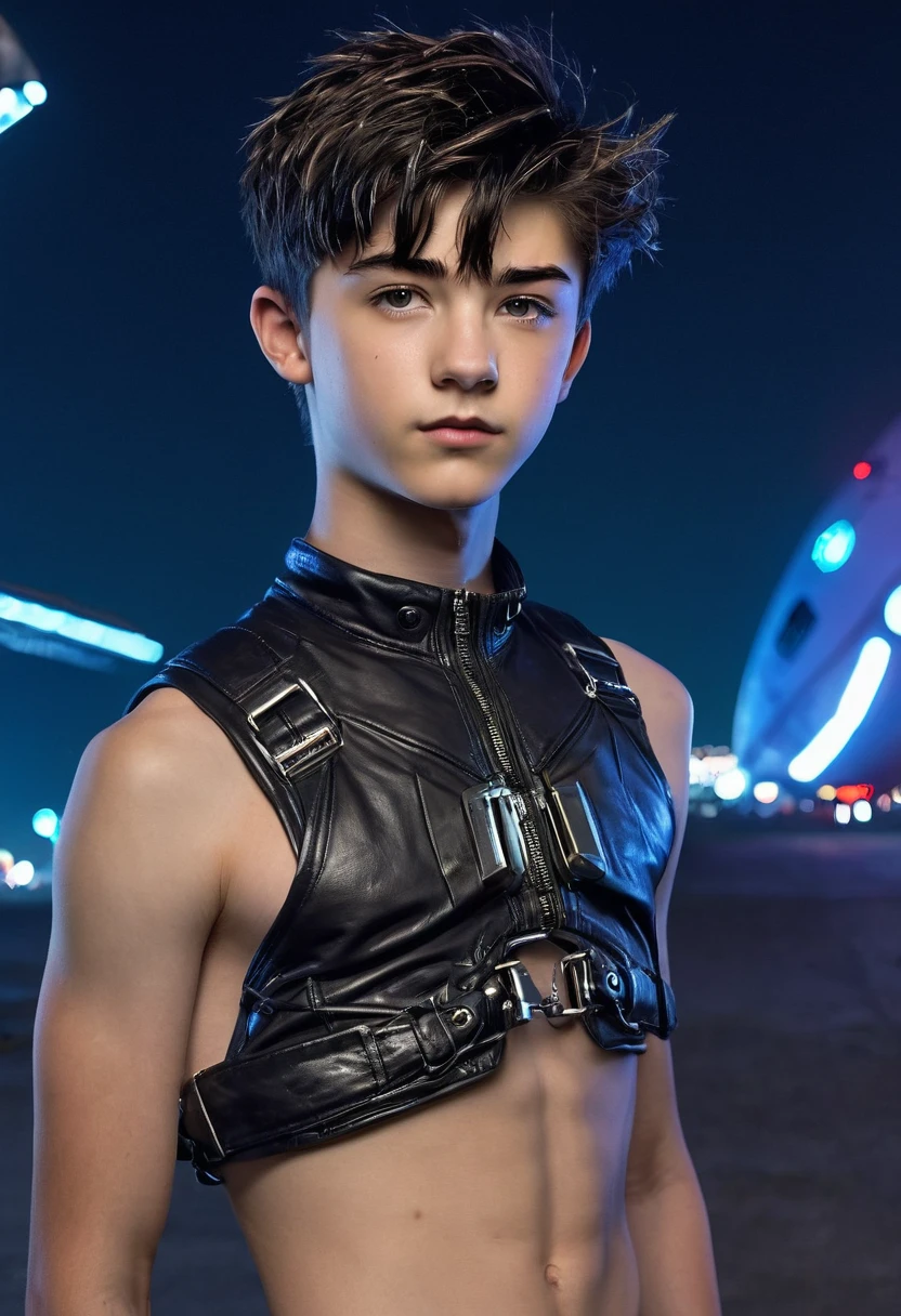 A detailed realistic photo of a young beautiful twink 18-year-old boy cyberpunk shadow hunter with a realistic preternaturally cute boyish face. Naked. Lean. Skinny. Short blonde hair. Sidecut. Tattooed. Overlooking a glowing cyberpunk metropolis from an airship at night.  very small uncircumcised cock and testicles exposed. Short trimmed pubes.