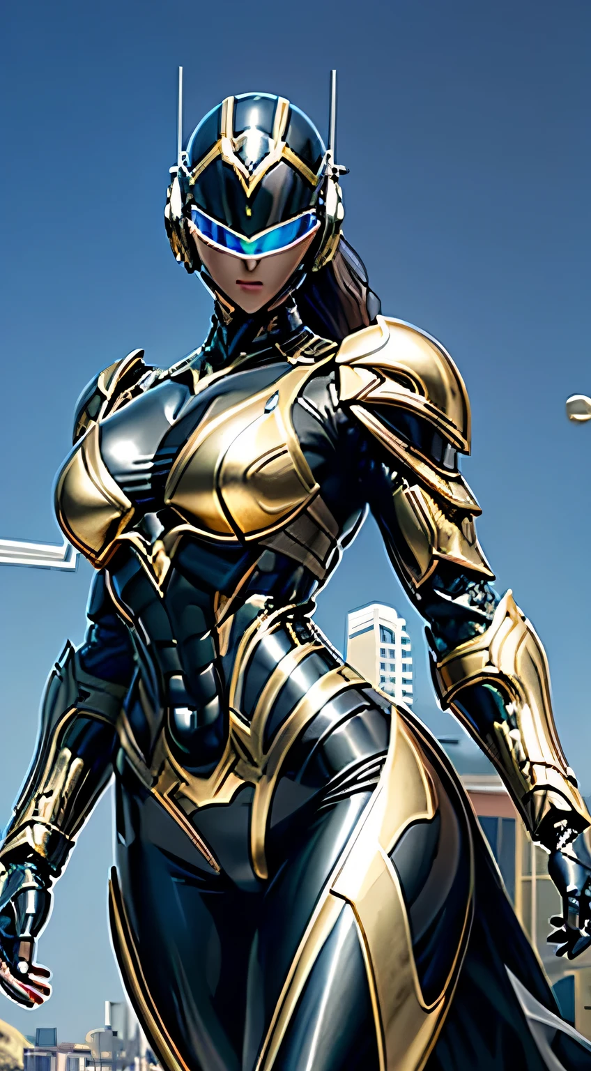 Female Robocop Solo、Bright outdoors、strong light source、8K, high quality, masterpiece, 最high quality, Crisp contrast、Very detailed、Full body armor、Very large armor、Helmet covering the head、Clear photos、His eyes are hidden by thin straight goggles:1.3、The lower half of the face is raw々Shii:1.5、The lower half of the face is exposed、Seductive lips、Light yellow metallic armor、Black accent color、Armor that completely covers the chest、Long, slender legs、Vibrant Posselo Body View,Big and ample breasts:1.5, (Sports Body:1.5)、Five Fingers、Hold a handgun、In the city