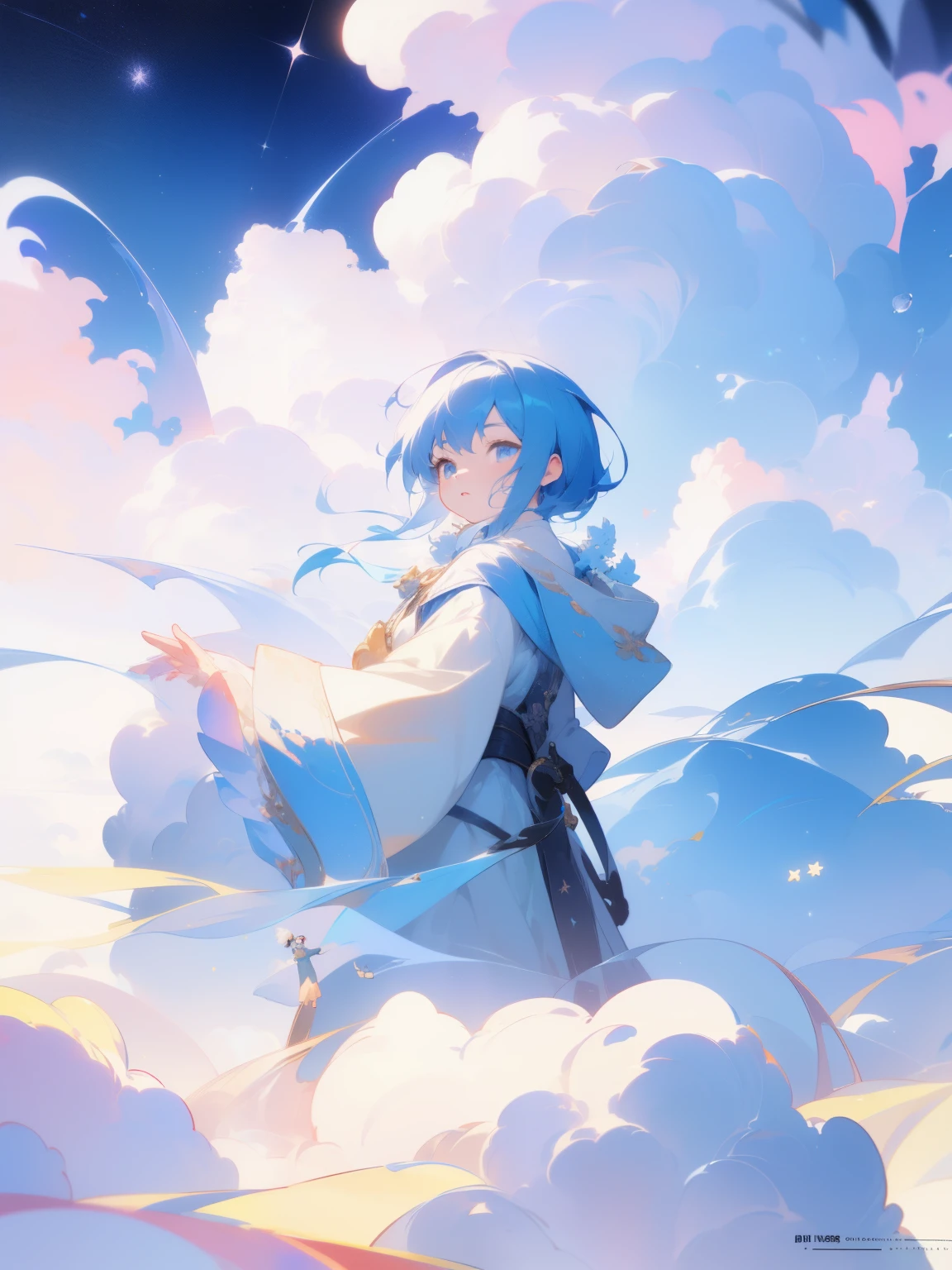 (best quality,4K,8k,high resolution,masterpiece:1.2), The girl in the clouds has hair as fluffy as clouds, tiny stars, fantasy illustrations, Dreamy colors, Children's illustration style.Vibrant colors