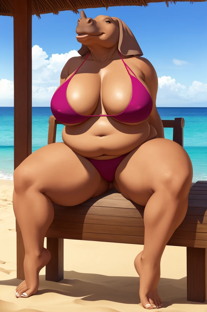 360cm tall + 46 year old + anthropomorphic hippo + bikini top + bikini bottoms + fat huge body, with massive hips, and a perfect fat ass + massive breasts + sitting on the beach + barefeet in frame