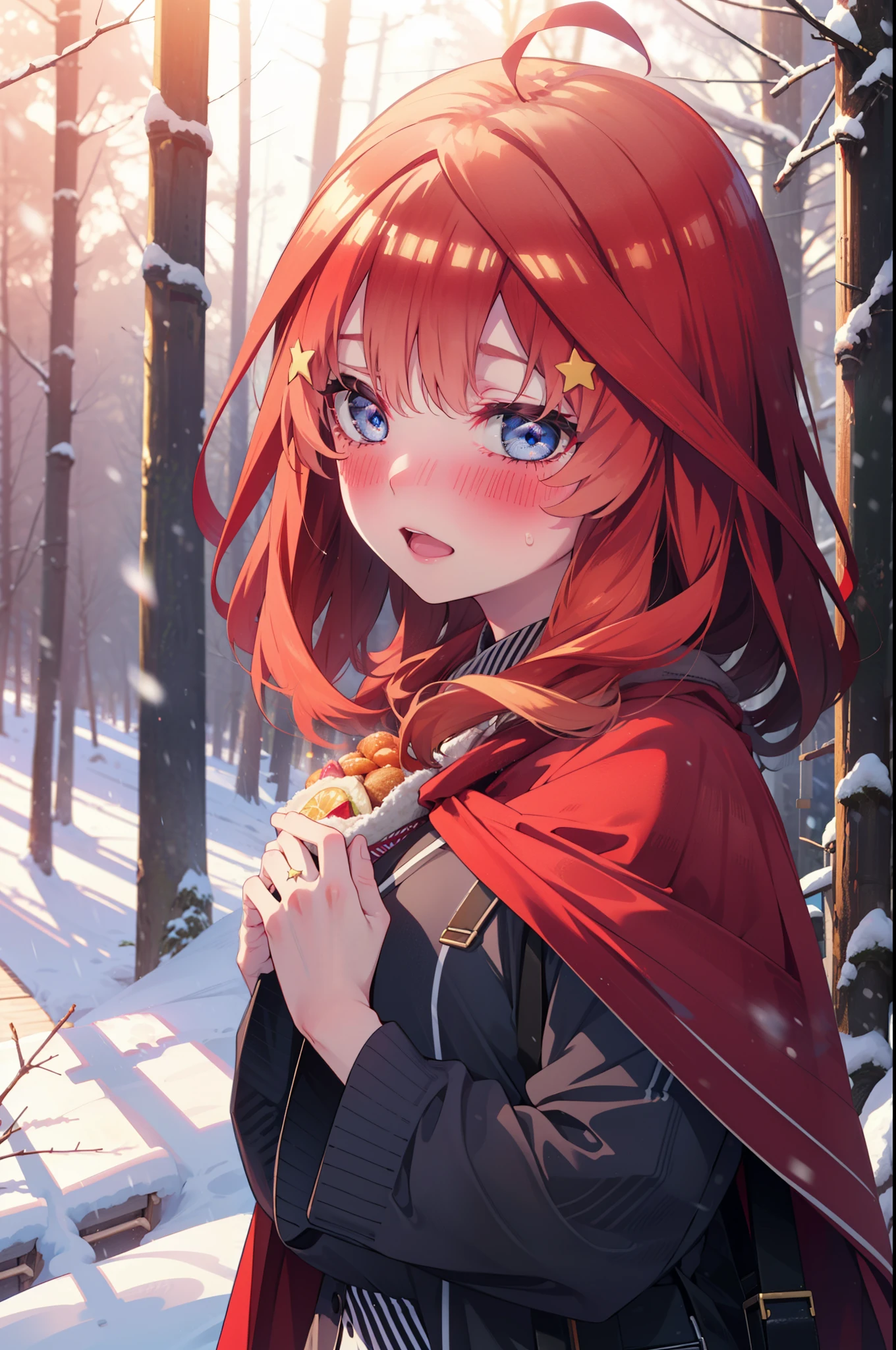itsukinakano, Itsuki Nakano, bangs, blue eyes, Hair between the eyes, Ahoge, Redhead, star \(symbol\), hair ornaments, star hair ornaments,smile,blush,White Breath,
Open your mouth,snow, fire, Outdoor, boots, snowing, From the side, wood, suitcase, Cape, Blurred, Increase your meals, forest, White handbag, nature, Squat, Mouth closed, フードed Cape, winter, Written boundary depth, Black shoes, red Cape break looking at viewer, Upper Body, whole body, break Outdoor, forest, nature, break (masterpiece:1.2), highest quality, High resolution, unity 8k wallpaper, (shape:0.8), (Beautiful and beautiful eyes:1.6), Highly detailed face, Perfect lighting, Highly detailed CG, (Perfect hands, Perfect Anatomy),