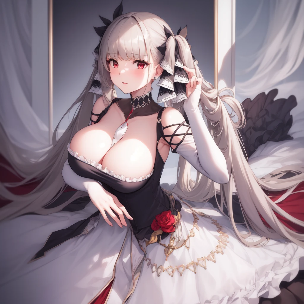 (masterpiece, best quality1.2),illustration,8k,hd,1girls,solo,(hand up),(portrait:1.2),long_hair,large_breasts,red_eyes,very_long_hair,bangs,twintails,ribbon,grey_hair,cleavage,hair_ribbon,two-tone_ribbon,between_breasts,black_dress,dress,frills,bare_shoulders,frilled_dress,long_sleeves,two-tone_dress,jewelry,earrings,