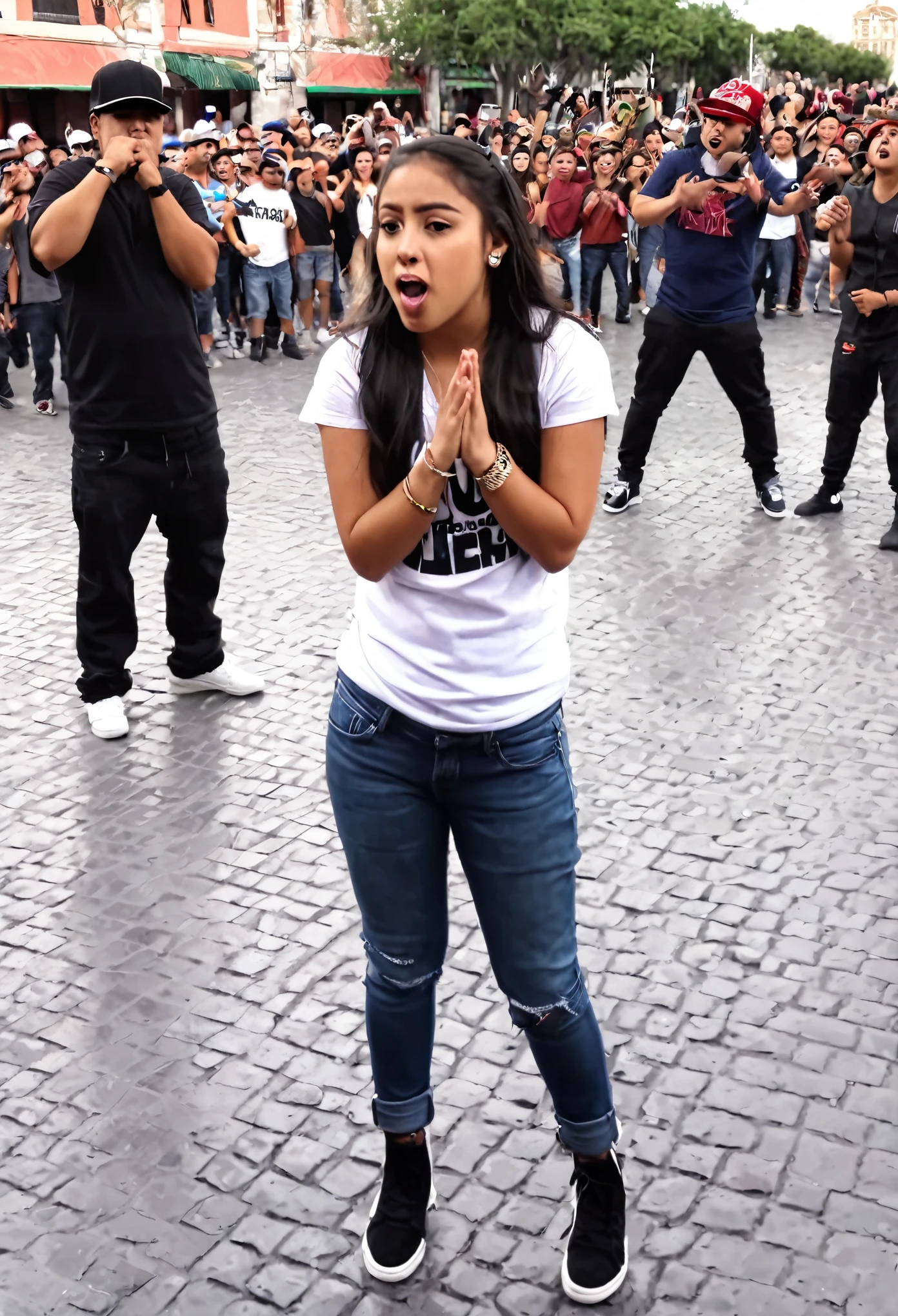 22 year old Mexican woman in a plaza having a rap battle
