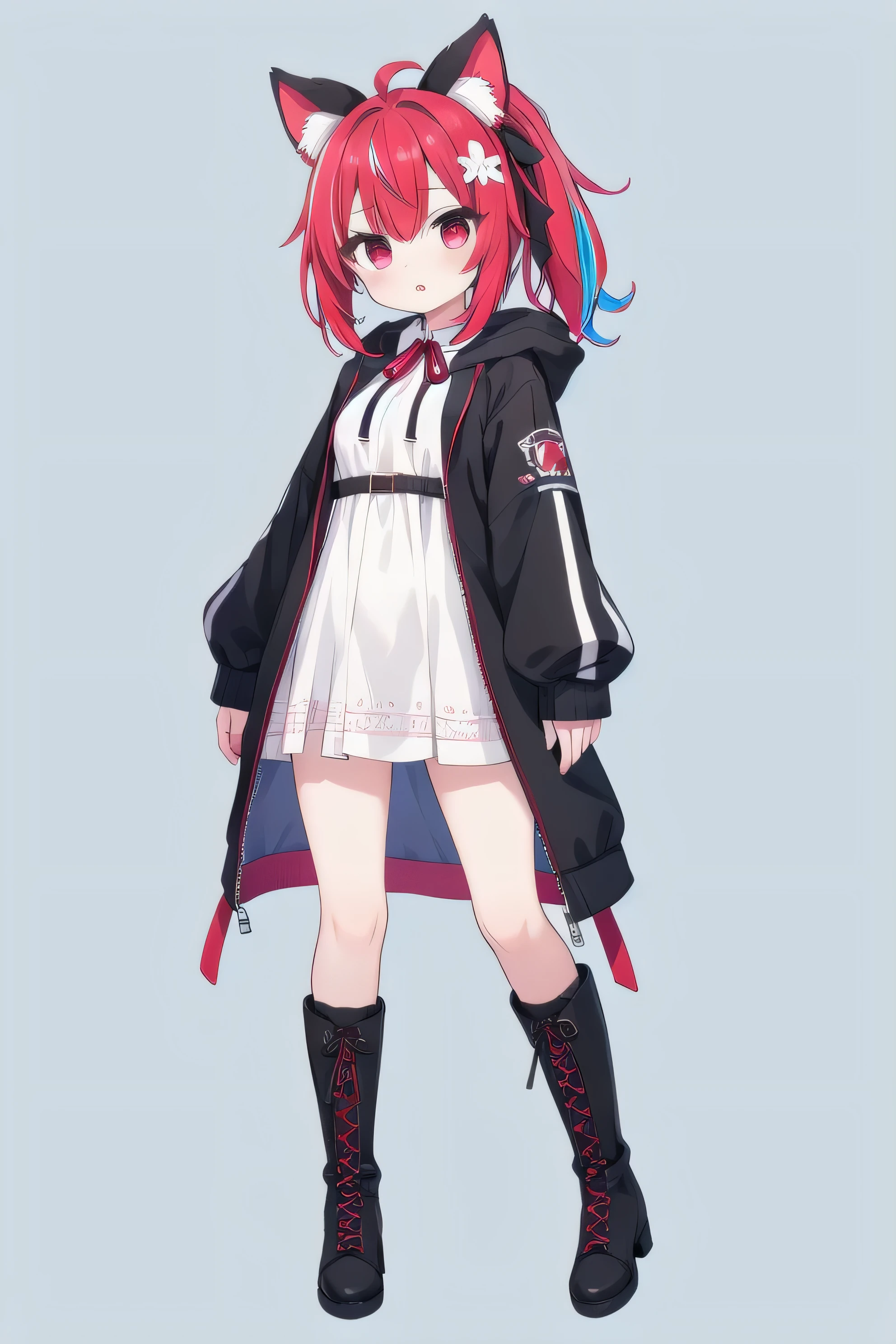 masterpiece, top quality, super detailed, CG illustration, high resolution, better lighting, best shadows, very delicate and beautiful, proper shading, hd, 8k,1girl, solo, long hair, breasts, looking at viewer, bangs,Bloodred  hair, simple background, hair ornament, long sleeves, dress, ribbon, animal ears, jacket, full body, hair ribbon, Bloodred eyes, ponytail, flower, red hair, multicolored hair, boots, parted lips, open clothes, socks, hair flower, hood, open jacket, red ribbon, streaked hair, black jacket, animal ear fluff, sleeves past wrists, kneehighs, blue background, knee boots, hood down, black socks, hooded jacket, cross-laced footwear, drawstring, lace-up boots, black dress, black hoodie, black footwear