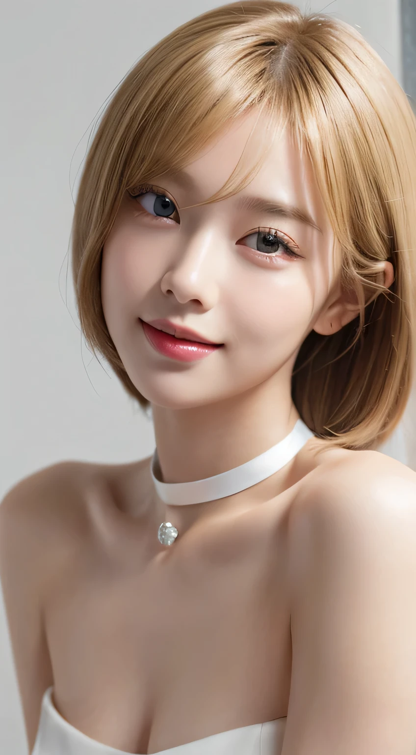 masterpiece, One beautiful girl, Fine grain, Cute eyes, quality, 超High resolution, (Realistic: 1.4), RAW Photos, 1 cute girl, Cinema Lighting,Beautiful woman,European Beauty, so beautiful, Beautiful skins, slim, Body facing forward, (Ultra-photorealism), (High resolution), (8k yen), (Very detailed), (Best Illustration), (Beautiful and delicate eyes), (Very detailed), Detailed face, View your viewers,smile,choker necklace, Staring straight ahead, Neat clothes rack Sleeveless,Short fine hair,Blonde,Diagonal bangs,White background,Clean room,