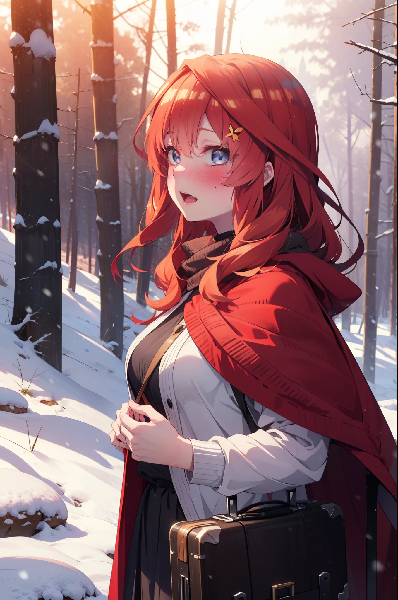 itsukinakano, Itsuki Nakano, bangs, blue eyes, Hair between the eyes, Ahoge, Redhead, star \(symbol\), hair ornaments, star hair ornaments,smile,blush,White Breath,
Open your mouth,snow, fire, Outdoor, boots, snowing, From the side, wood, suitcase, Cape, Blurred, Increase your meals, forest, White handbag, nature, Squat, Mouth closed, フードed Cape, winter, Written boundary depth, Black shoes, red Cape break looking at viewer, Upper Body, whole body, break Outdoor, forest, nature, break (masterpiece:1.2), highest quality, High resolution, unity 8k wallpaper, (shape:0.8), (Beautiful and beautiful eyes:1.6), Highly detailed face, Perfect lighting, Highly detailed CG, (Perfect hands, Perfect Anatomy),