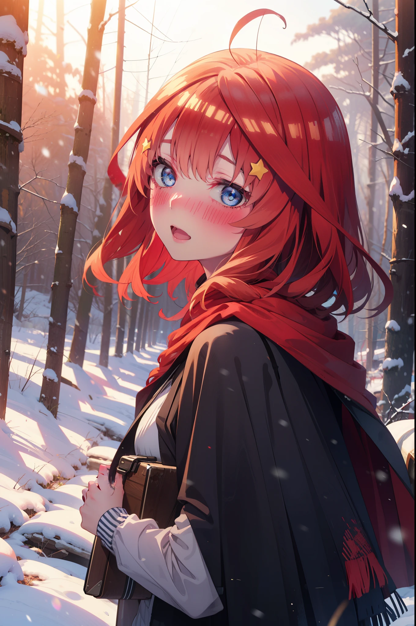 itsukinakano, Itsuki Nakano, bangs, blue eyes, Hair between the eyes, Ahoge, Redhead, star \(symbol\), hair ornaments, star hair ornaments,smile,blush,White Breath,
Open your mouth,snow, fire, Outdoor, boots, snowing, From the side, wood, suitcase, Cape, Blurred, Increase your meals, forest, White handbag, nature,  Squat, Mouth closed, フードed Cape, winter, Written boundary depth, Black shoes, red Cape break looking at viewer, Upper Body, whole body, break Outdoor, forest, nature, break (masterpiece:1.2), highest quality, High resolution, unity 8k wallpaper, (shape:0.8), (Beautiful and beautiful eyes:1.6), Highly detailed face, Perfect lighting, Highly detailed CG, (Perfect hands, Perfect Anatomy),