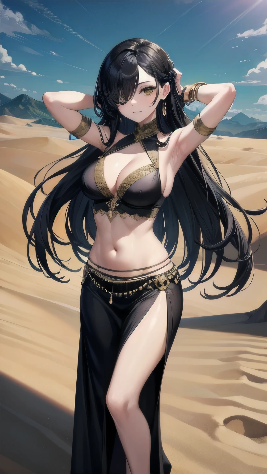 (masterpiece), best quality, expressive eye, perfect face, female, medium breastvage, lon(hair over one eye), very long hair, straight hair, black hair BREAK yellow eye BREAK belly dancer outfit, jewerly, standing, dancing, spread arms, glaring at viewer, midriff, desert, sand, landscape, barefeet, bracelet, :/, day sky