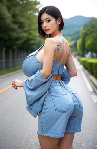 voluptuous body 19 year old girl ("Yui Aragaki"), almond-shaped eyes, thick eyebrows, flushed cheeks, overalls only, Hyperrealism, uhd, best quality, highres, high details, 8k, sharpen focus, tropical beach、(Big Breasts、Bangs)、Smile