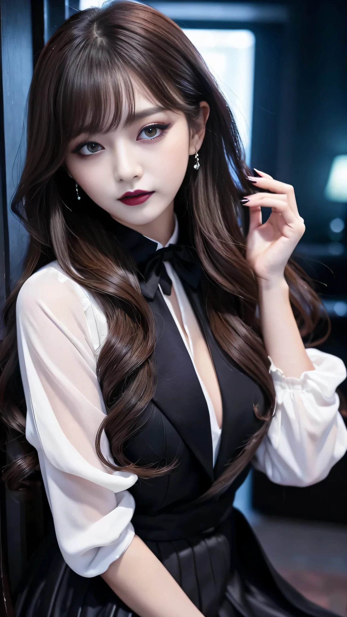 2girls、best quality、ultra-detailed、4k、Japanese、Seductive beauty、seductive adult woman、Pretty Woman、cool girl、Villainess、Brainwashed、brainwash、Fallen into evil、smirk、Evil look、Wicked Smile、evil、Brown hair、wavy hair、swept bangs、dark makeup、dark makeup、piercing eyes、hollow eyes,half-closed eyes、Hollow Eyes、Purple Eyeshadow、black lipstick、black lipglos、suit、Jacket、blouse、Black Ribbon、Long skirt、slit、Beautiful feet、night、Eerie Citadel、Are standing、