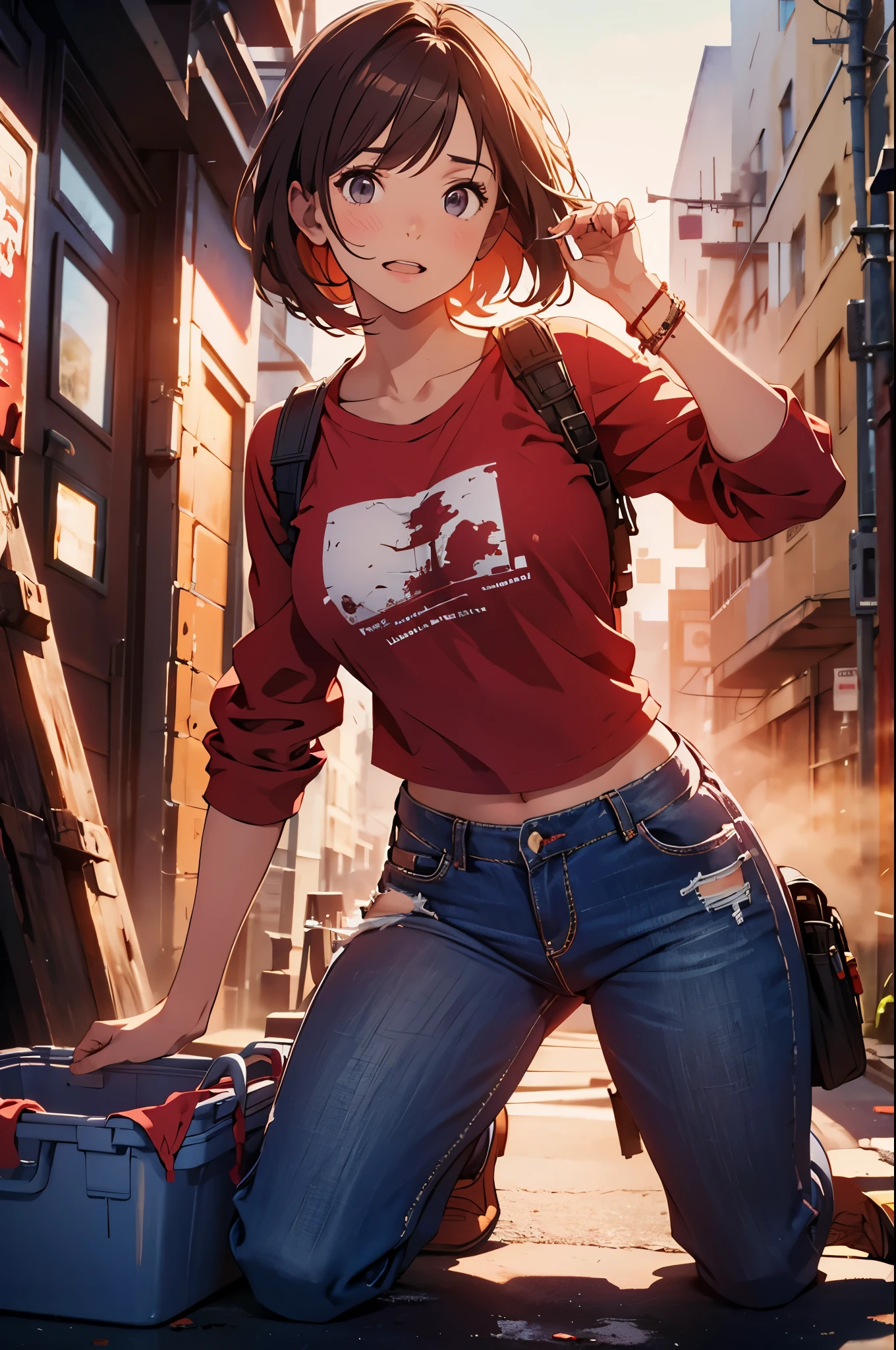 NSFW, Masterpiece, 1.4 Top Image 4K, Ellie The Last Of Us, Brown Hair, Red Shirt, Dark Blue Pants, Rendering In An Apocalyptic City, Showing Panties, Ultra Realistic, 4K Wallpaper, EnvyBetterHands LoCon.