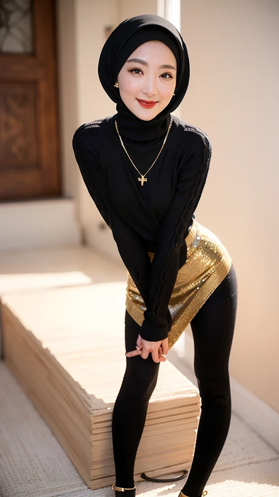 (red lips:1.4), full body, (turtleneck cable-knit:1.3), 1girl,solo,
(8k, RAW photo, best quality, masterpiece:1.3),(realistic, photo-realistic:1.37),realistic skin texture,(photorealistic:1.3),(hyperrealistic:1.2), (hijab:1.4) , seducting pose, (black clothes:1.8), (seducting smile:1.4), (cheek dimples:1.4), earrings, (golden necklace:1.4),