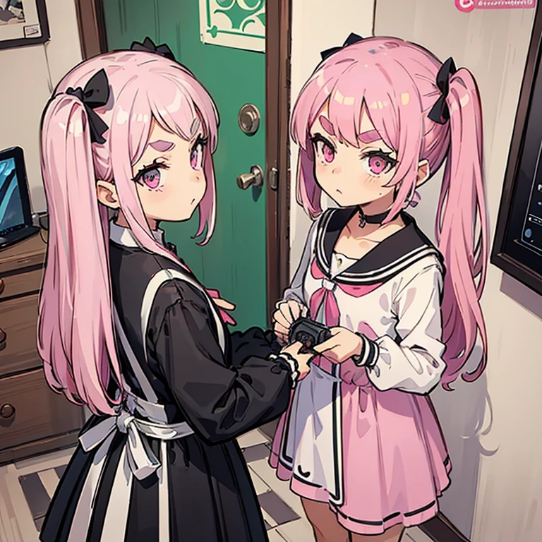 Girls with pink hair, long double-tailed hairstyle, ((small pink bushy eyebrows)), dressed in ta clothes, marked vagina, loli(Zankuro) drawing style by zankuro artist, Zancro style, image uploaded to R34, changing of clothes in a room, hidden camera recording her, security camera filter recording her