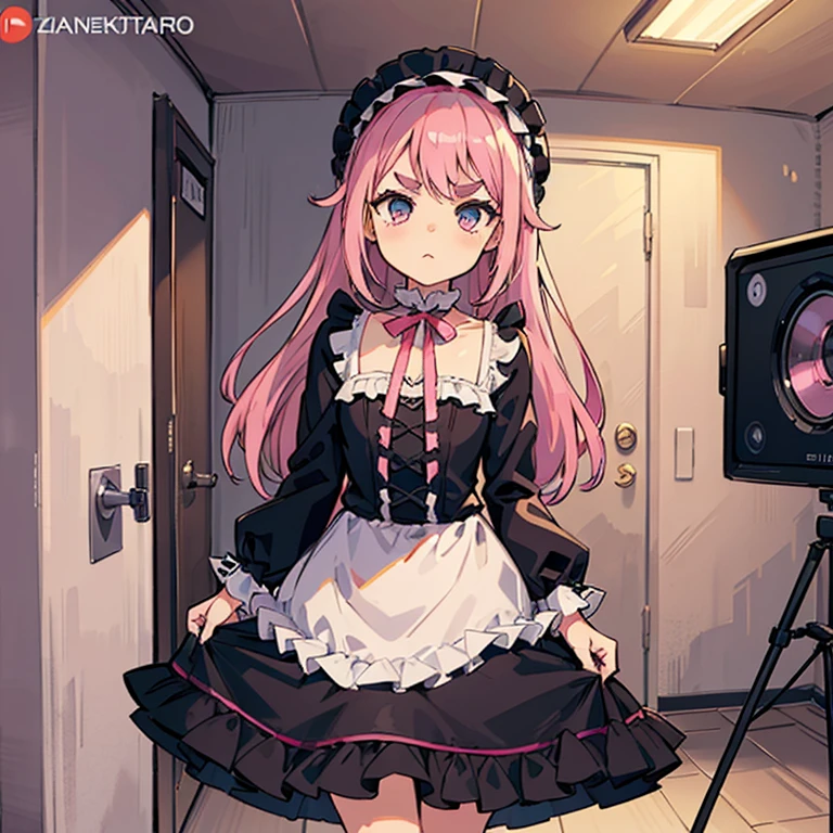 Girls with pink hair, long double-tailed hairstyle, ((small pink bushy eyebrows)), dressed in lolita clothes, marked vagina, lolicon (Zankuro) drawing style by zankuro artist, Zancro style, image uploaded to R34, changing of clothes in a room, hidden camera recording her, security camera filter recording her