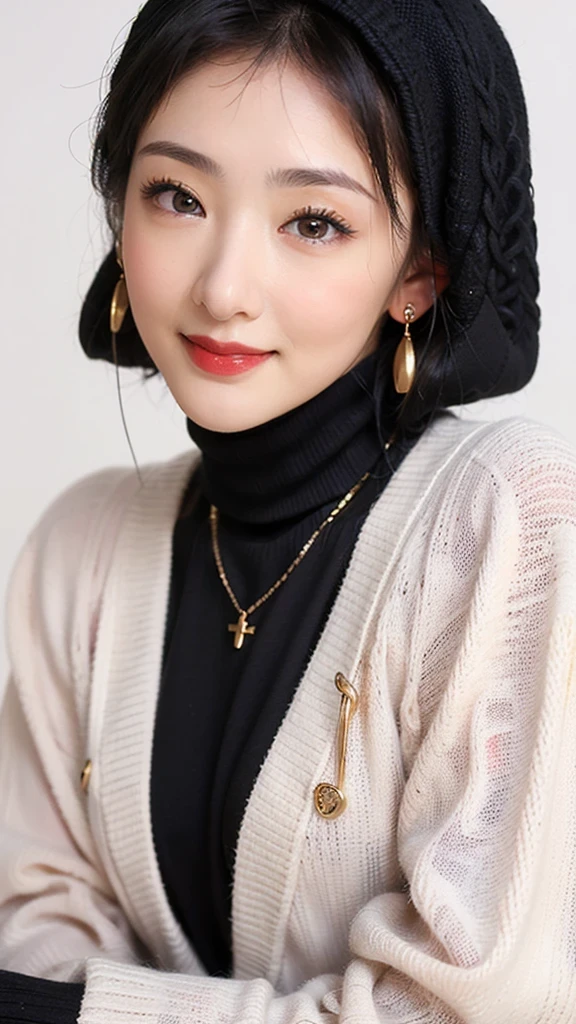 (red lips:1.4), full body, (turtleneck cable-knit:1.3), 1girl,solo,
(8k, RAW photo, best quality, masterpiece:1.3),(realistic, photo-realistic:1.37),realistic skin texture,(photorealistic:1.3),(hyperrealistic:1.2), (hijab:1.4) , seducting pose, (black clothes:1.8), (seducting smile:1.4), (cheek dimples:1.4), earrings, (golden necklace:1.4),