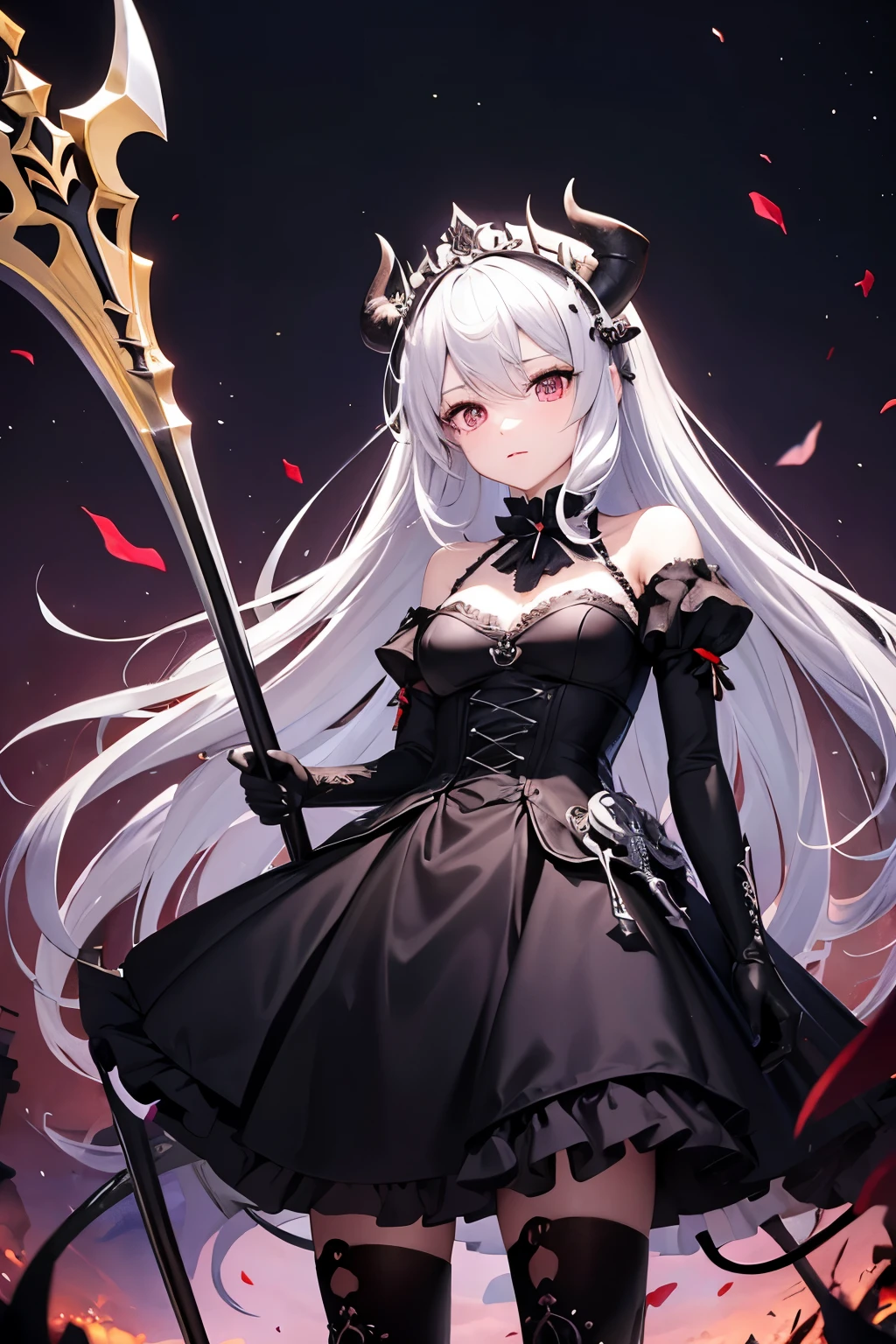 (((highest quality、Masterpiece、Normal body、8k、Detailed face、Ultra-precision、Normal hand、Normal finger、5Finger、supreme)))Golden and silver hair、Princess、Gorgeous Dress、White and black skirt、Shiny Tiara、night armor、metal boots、death scythe、grim Reaperの鎌、Grim Reaper、grim Reaper、Skeleton demon behind、Skeleton demon in background、Skeleton demon behind、Skeleton demon in the background、Chaos and Cosmos、Blood on the Sanctuary、temple、mysterious、Shining Sanctuary、nightmare