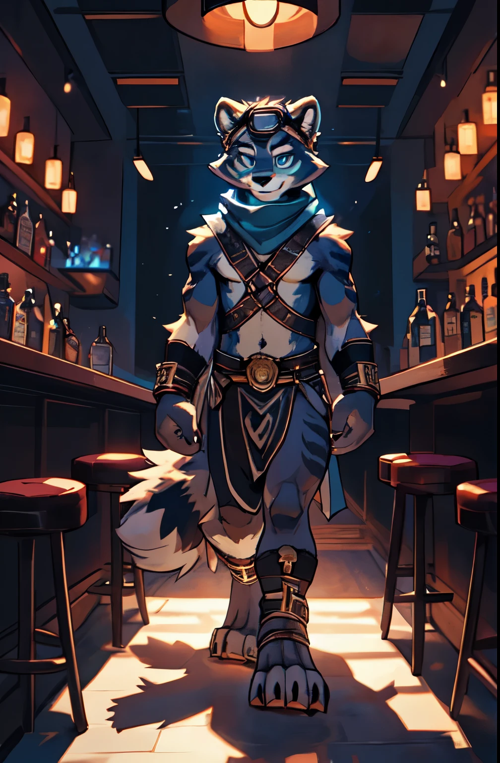 no lighting, deep shadow, dynamic angle, Solo, teen furry, furry, teen, raccoon, grey body, long brown spiked_ponytail, Detailed body fur, long blue scarf, leather_harness, black_loincloth, goggles, masterpiece, gray body, Detailed face, big eyebrows, blue eyes, detailed eyes, No muscles, Detailed hands, Flat body, Skinny, Detailed paws, metal cuffs on wrists, metal cuffs on ankles, black baggy pants, no shirt, crowded bar, no underwear, tired