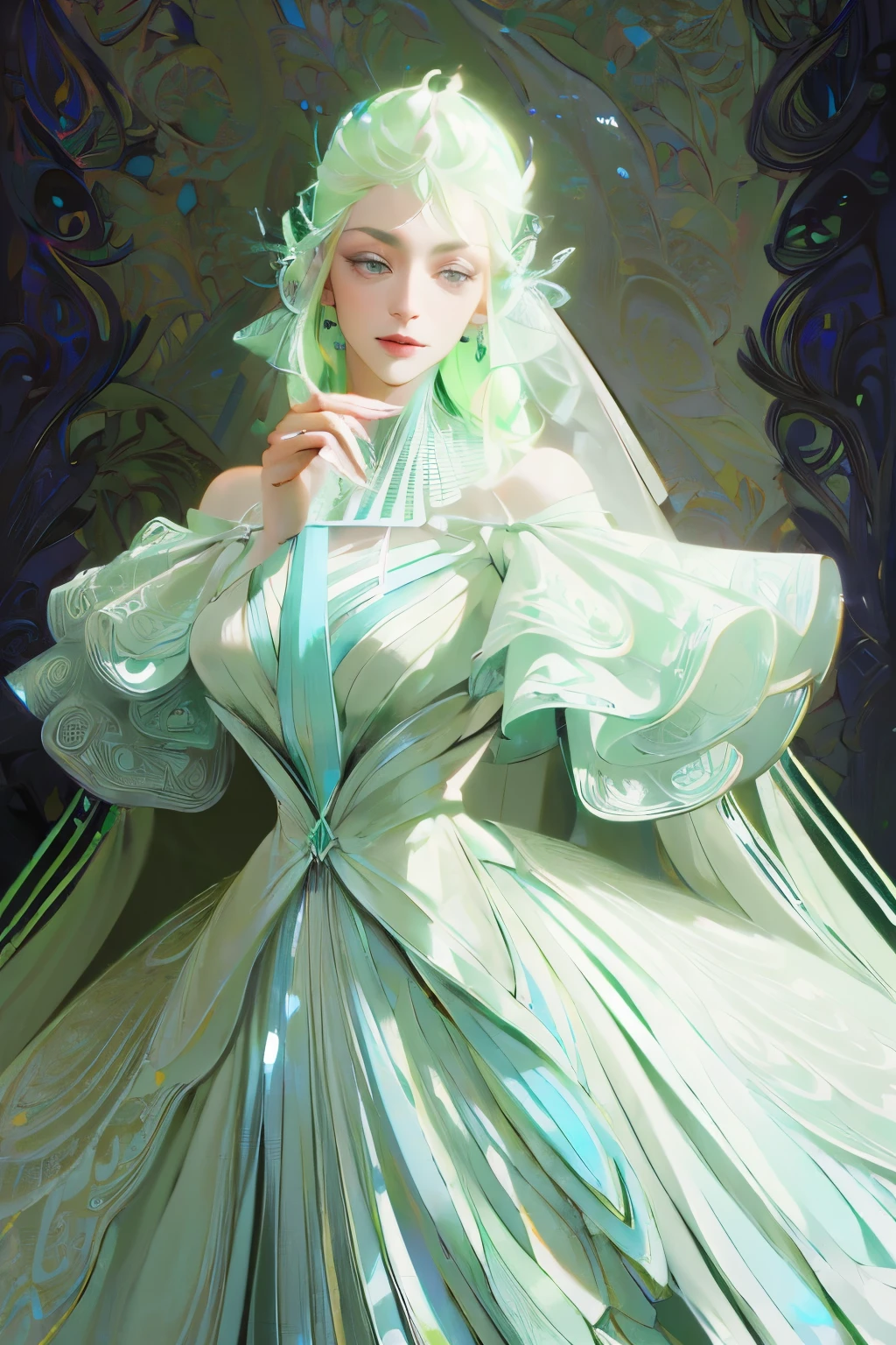 ((High quality work)), Clean and simple lines, The green dress and beautiful ruffled lace complement each other, Enriches the layering of the entire picture, Elegant Edwardian lace dresses and princess dresses add a lot of color to the characters, Gesture with hands behind back , It also shows the gentle and elegant side of women.