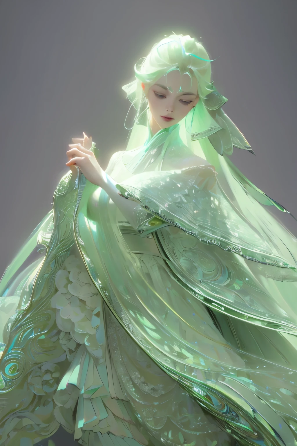 ((High quality work)), Clean and simple lines, The green dress and beautiful ruffled lace complement each other, Enriches the layering of the entire picture, Elegant Edwardian lace dresses and princess dresses add a lot of color to the characters, Gesture with hands behind back , It also shows the gentle and elegant side of women.