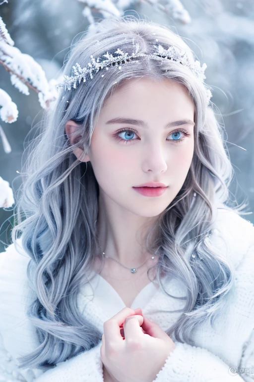 ( masterpiece, top quality, best quality,8k,17 years old girl,ultra detailed,raw photo:1.5),(photorealistic:1.4), (cinematic lighting), PerfectNwsjMajic, , Surrealism, UHD, ccurate, Super detail, textured skin, High detail, Best quality, dynamic angle, White skin,[Beautiful blue eyes], high nose,[flat chest:large breasts:0.5],(1girl),(good anatomy:0.5)),The white,A world covered in silver, branches covered with snow, cold winter touch, Snowflakes dance like elves, Turn the world into a silver fairy tale, Cold, Peaceful and beautiful snow scene, cozy calm, gorgeous princess dress ,white hair