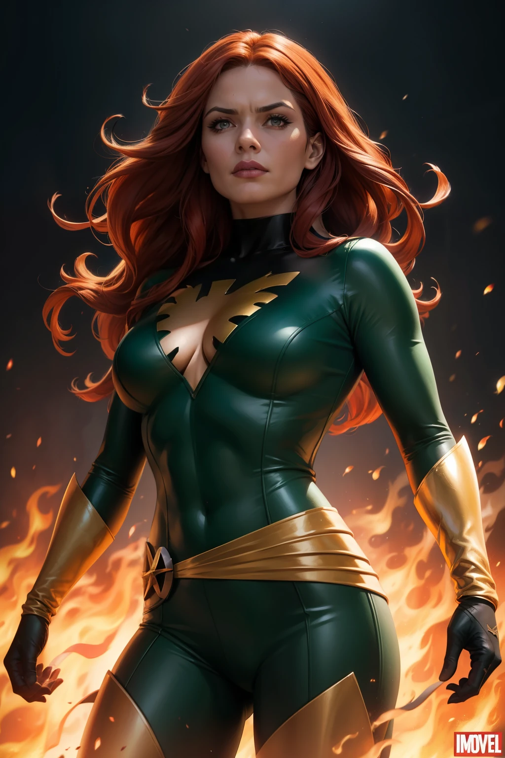 Jeangrey,X-men,Pheonixcostume,superhero,vibrantcolors,fierceexpression,detailedeyes,longredhair,burningflames,telekinesis,emotional,intensebattle,mysticalbackground,bestquality,highreshighlightedoutline,comicbookstyle,widescreenformat,contrastadjusted,hdr,crispdetails,energeticlighting, large breasts, sexy