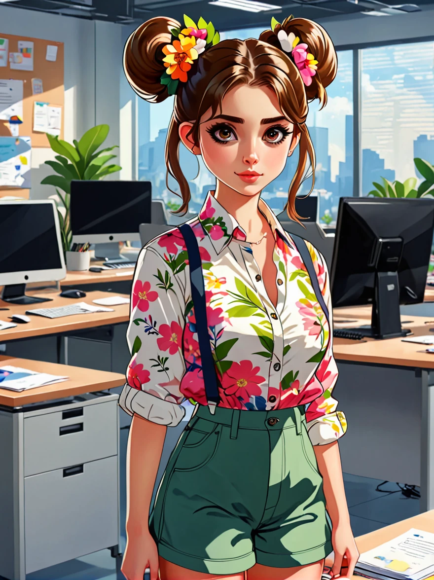 (masterpiece, best quality:1.2), cartoonish character design,1 girl, (solo:1.5),big eyes,Cute expressions,Two hair buns,Floral shirt,Work clothes,White sneakers,Standing,interesting,Clear lines,Busy office background