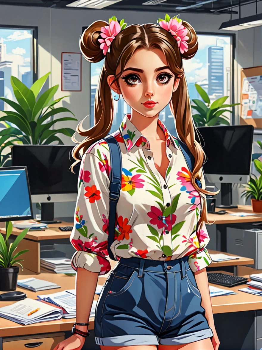 (masterpiece, best quality:1.2), cartoonish character design，1 girl, (solo:1.5)，big eyes，Cute expressions，Two hair buns，Floral shirt，Work clothes，White sneakers，Standing，interesting，Clear lines，Busy office background