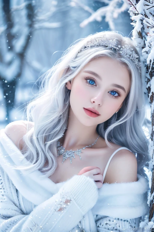 ( masterpiece, top quality, best quality,8k,17 years old girl,ultra detailed,raw photo:1.5),(photorealistic:1.4), (cinematic lighting), PerfectNwsjMajic, , Surrealism, UHD, ccurate, Super detail, textured skin, High detail, Best quality, dynamic angle, White skin,[Beautiful blue eyes], high nose,[flat chest:large breasts:0.5],(1girl),(good anatomy:0.5)),The white,A world covered in silver, branches covered with snow, cold winter touch, Snowflakes dance like elves, Turn the world into a silver fairy tale, Cold, Peaceful and beautiful snow scene, cozy calm, gorgeous princess dress ,white hair