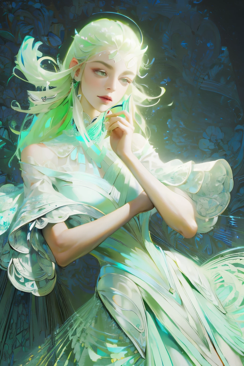 ((High quality work)), Clean and simple lines, The green dress and beautiful ruffled lace complement each other, Enriches the layering of the entire picture, Elegant Edwardian lace dresses and princess dresses add a lot of color to the characters, Gesture with hands behind back , It also shows the gentle and elegant side of women.