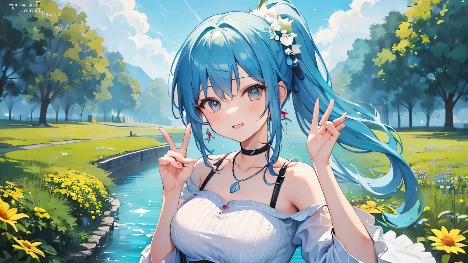 highest quality masterpiece Beautiful girls one person Mid-teens Beautiful Skin Wink Laughing with your mouth open looking at the camera Emphasis on the upper body Detailed depiction of fingers Peace sign with one hand Light blue hair Semi-long hair ponytail off shoulder blouse mini skirt Big Breasts necklace Earrings bracelet ring Flower field background