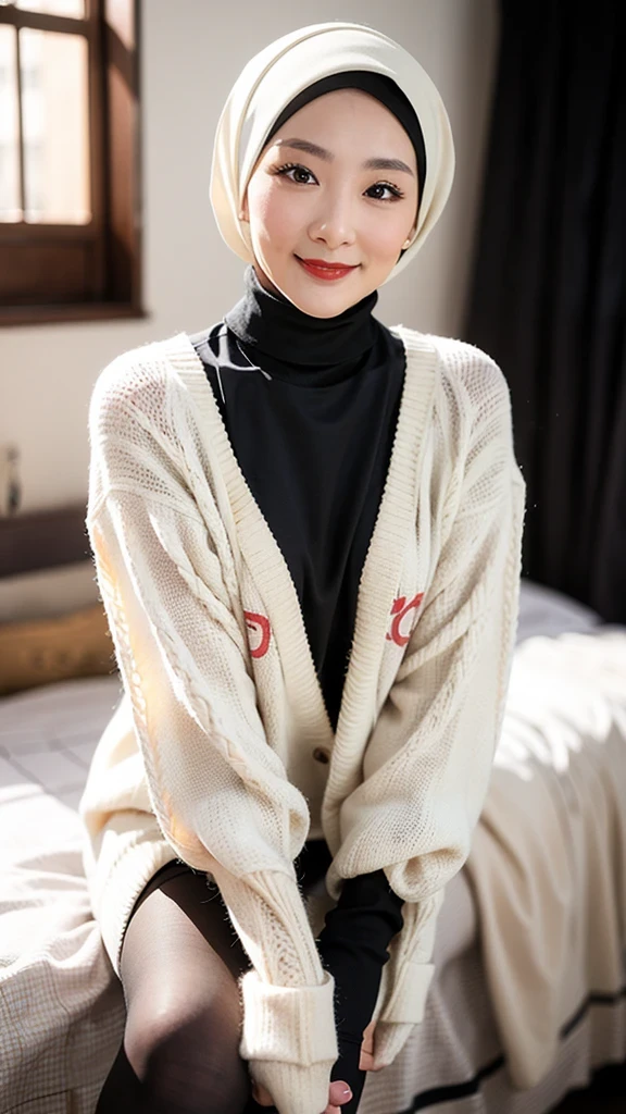 (red lips:1.4), full body, (turtleneck cable-knit:1.3), 1girl,solo,
(8k, RAW photo, best quality, masterpiece:1.3),(realistic, photo-realistic:1.37),realistic skin texture,(photorealistic:1.3),(hyperrealistic:1.2), (hijab:1.4) , seducting pose, (black clothes:1.8), (seducting smile:1.4), (cheek dimples:1.4), 