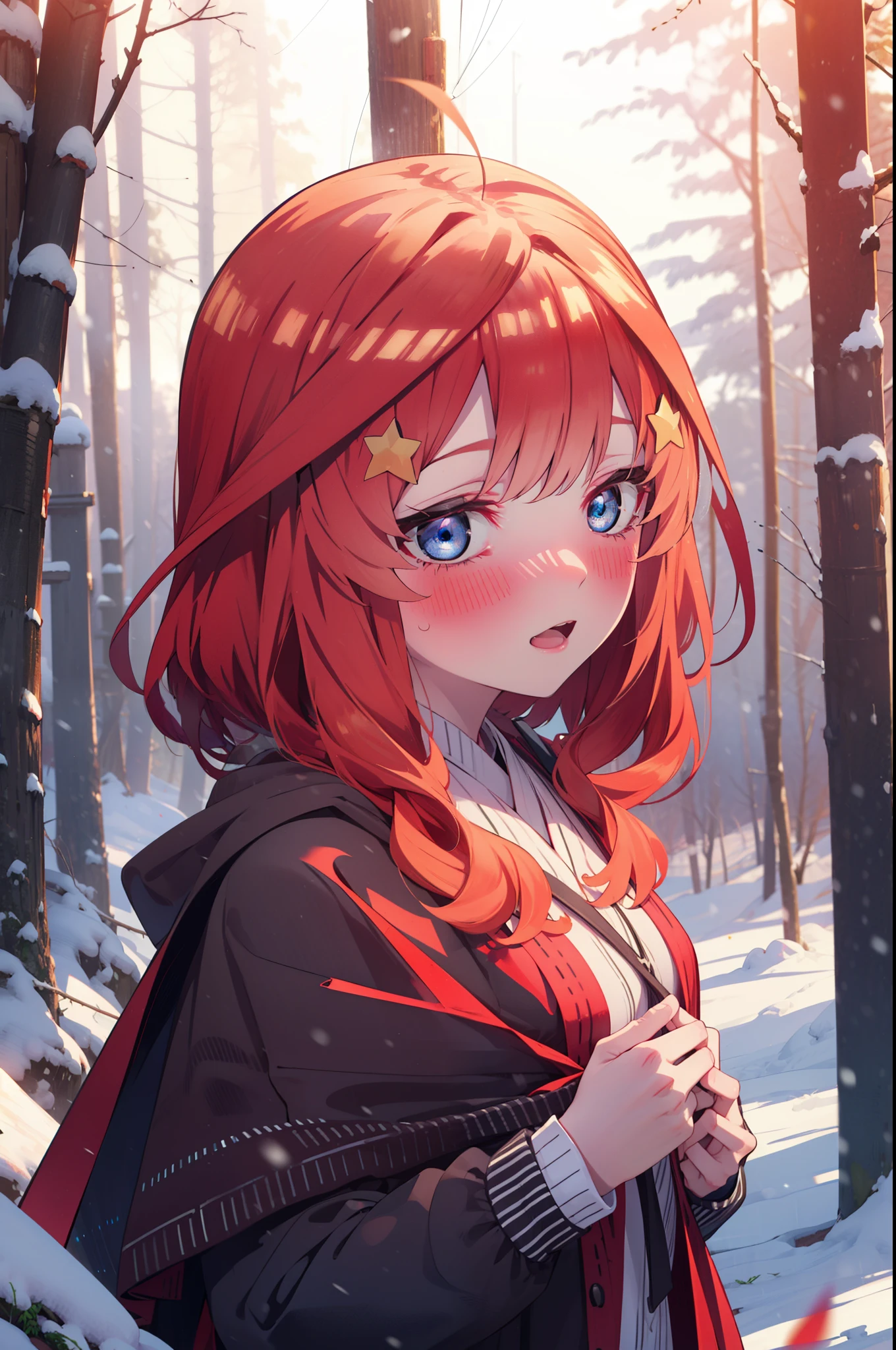 itsukinakano, Itsuki Nakano, bangs, blue eyes, Hair between the eyes, Ahoge, Redhead, star \(symbol\), hair ornaments, star hair ornaments,smile,blush,White Breath,
Open your mouth,snow, fire, Outdoor, boots, snowing, From the side, wood, suitcase, Cape, Blurred, Increase your meals, forest, White handbag, nature, Squat, Mouth closed, フードed Cape, winter, Written boundary depth, Black shoes, red Cape break looking at viewer, Upper Body, whole body, break Outdoor, forest, nature, break (masterpiece:1.2), highest quality, High resolution, unity 8k wallpaper, (shape:0.8), (Beautiful and beautiful eyes:1.6), Highly detailed face, Perfect lighting, Highly detailed CG, (Perfect hands, Perfect Anatomy),