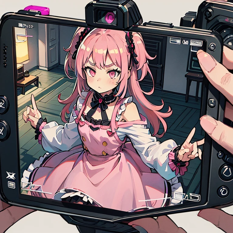 Girls with pink hair, long double-tailed hairstyle, ((small pink bushy eyebrows)), dressed in lolita clothes, marked vagina, lolicon (Zankuro) drawing style by zankuro artist, Zancro style, image uploaded to R34, changing of clothes in a room, hidden camera recording her, security camera filter recording her