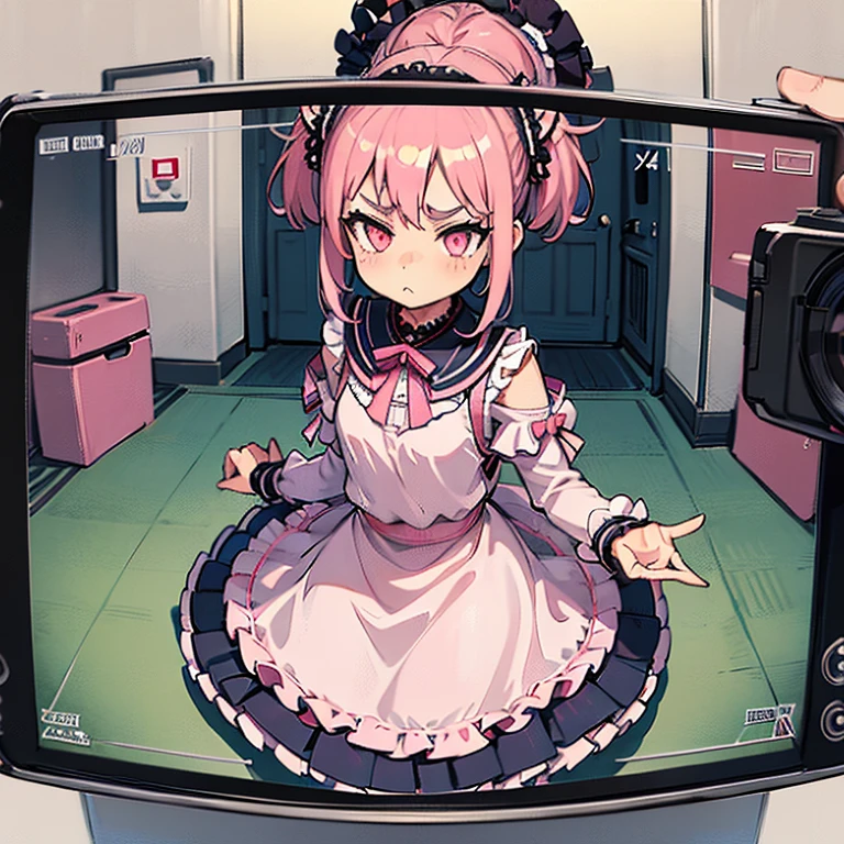 Girls with pink hair, long double-tailed hairstyle, ((small pink bushy eyebrows)), dressed in lolita clothes, marked vagina, lolicon (Zankuro) drawing style by zankuro artist, Zancro style, image uploaded to R34, changing of clothes in a room, hidden camera recording her, security camera filter recording her