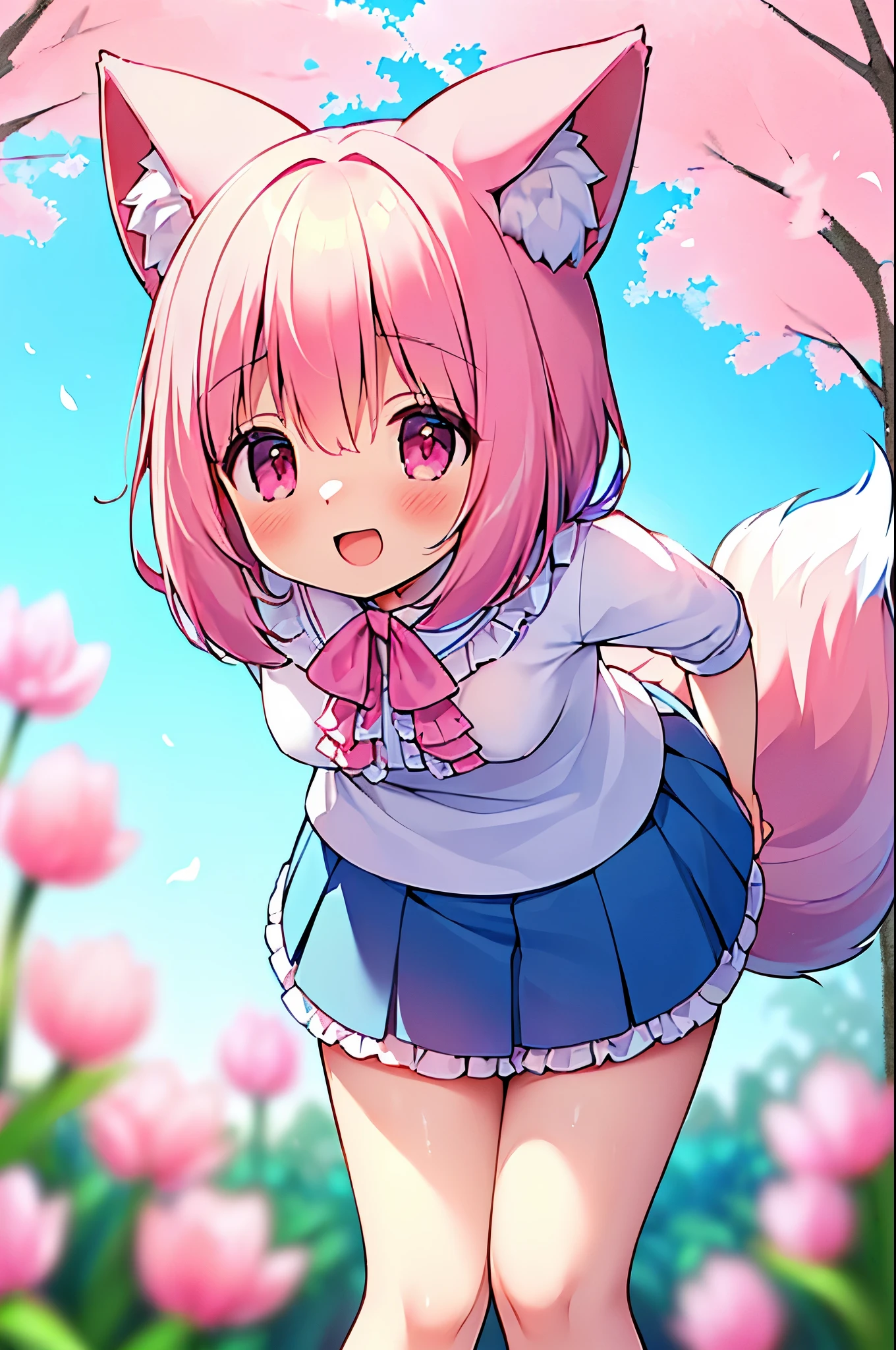 (((masterpiece))), (((最high quality))), (((high quality))), (((beautiful))), (((8K))), (((High resolution)) (((超High resolution))), (((High resolution))), (((Transcendent Technique Illustration))), (Pink Short Hair:1.3), (Pink fox tail:1.4), (Pink fox tail:1.2), Pink fox ears, (Pink Eyes), (Super small breasts:1.5), (Cowboy Shot:1.3), (laughing:1.3), (Tulip flower field:1.3), (Super cute pink blouse with frills:1.3), (Blue pleated skirt with frills:1.3), (look up:1.4), (Leaning forward:1.5)