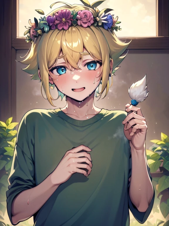 (best quality,4k,8k,highres,masterpiece:1.2),ultra-detailed,cute,blonde-haired boy with a head flower, small cock,green-haired boy with a head wreath, sweat, teen, penis, thicc, 