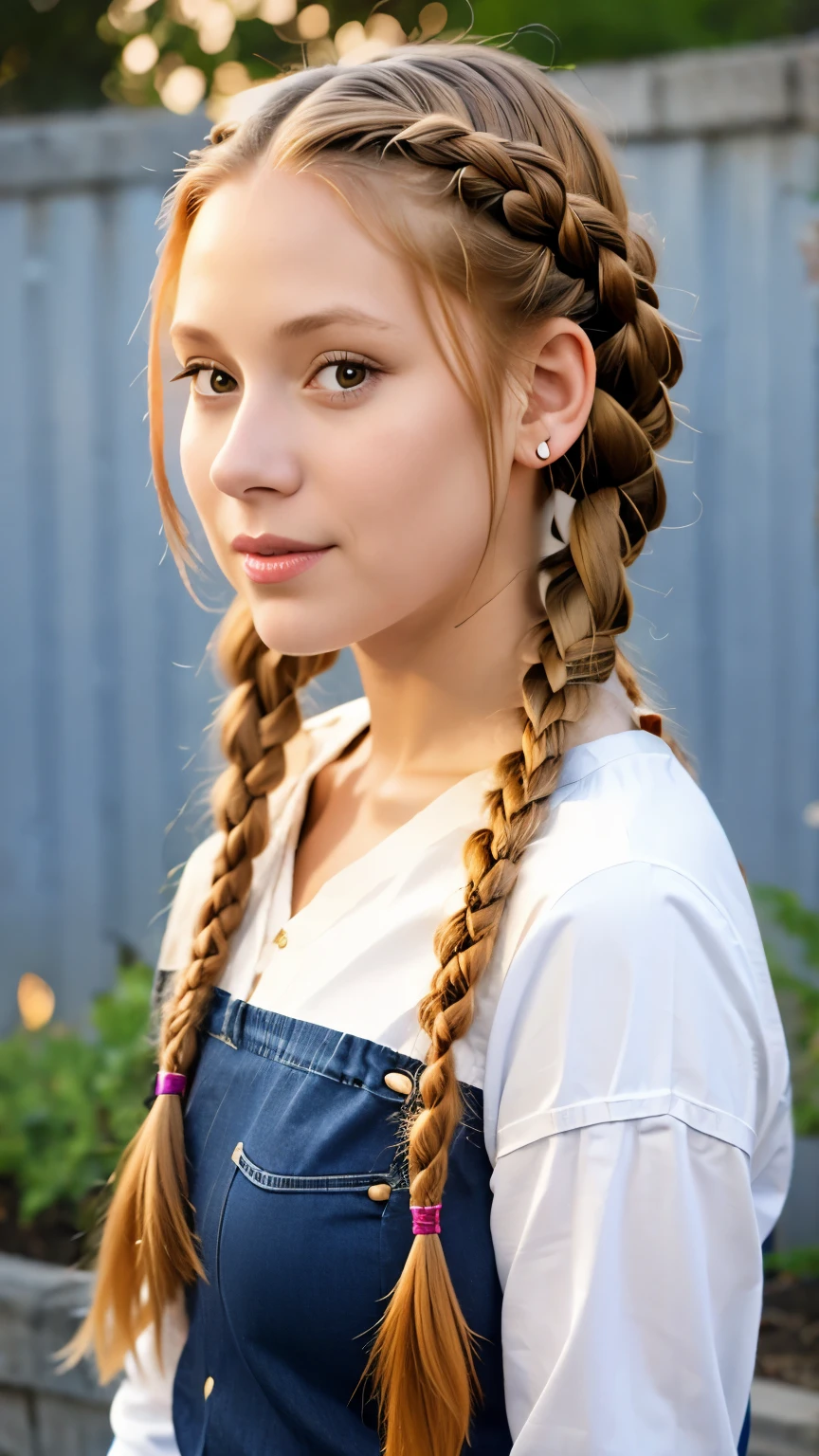 a close up of a woman with long hair wearing a denim shirt, two braids, braided brown hair, red braided hair, braided hair. nightime, braids, gorgeous hair, complex redhead braided hair, woman with braided brown hair, red intricate long braids, pigtail braids, braid hairstyle, long braided hair, beautiful hair, pigtails hairstyle