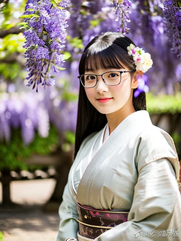 4K、highest quality、High resolution、Photorealistic、Black Hair Long Princess Cut Hair、Cute realistic Japanese 15 year old girl、Looking at the camera、A park with wisteria blooming during the day, Wearing a beautiful and elegant kimono, Very large breasts, Always wears glasses