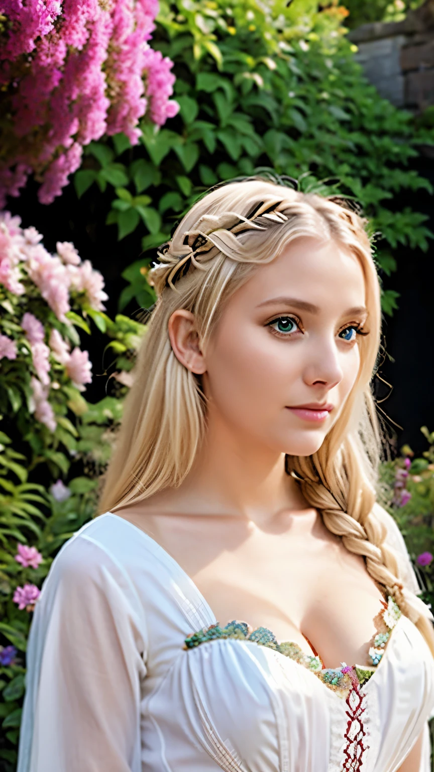 a woman in a dress is posing in a garden, ethereal beauty, fantasy gorgeous lighting, beautiful elven princess, beautiful goddess, blonde elvish empress, ((a beautiful fantasy empress)), beautiful feminine body, beautiful fantasy maiden, beautiful maiden, very beautiful elven top model, extremely detailed goddess shot, very ethereal, a stunning young ethereal figure, blonde goddess