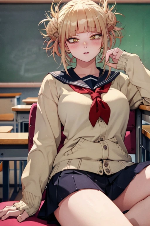 (masterpiece: 1.3), (Maximum resolution: 1.2), (Ultra HDTV: 1.2), Cinema Lights, Ultra HDTV, (Detailed eyes and skin), (Detailed facial features), High resolution, 8k resolution, Sharp focus: 1.2, Perfect Style, Beautiful Face, Accurate, Anatomically correct, Highly detailed face and skin texture, Fine grain, Brown eyes, double eyelid, Thin eyebrows, Glitter Eyeliner: 1.2, natural cheeks, Glowing Skin, Fair skin: 1.2, Shiny little necklace and earrings, (glossy lips: 1.4),
break,
First Person View, Wear high , (Embarrassing:1.2), (blush:1.2), Pure and cute girl, Blonde, (full body shot: 1.2), Focus on the face, ((Very close relationship: 1.2)), (Medium large breasts), (((In the classroom at night:1.2)), ((sit cross-legged leaning back in one's school chair:1.4)), (Looking down at the viewer:1.2)), (From below:1.3), ((Many other students' backgrounds)),