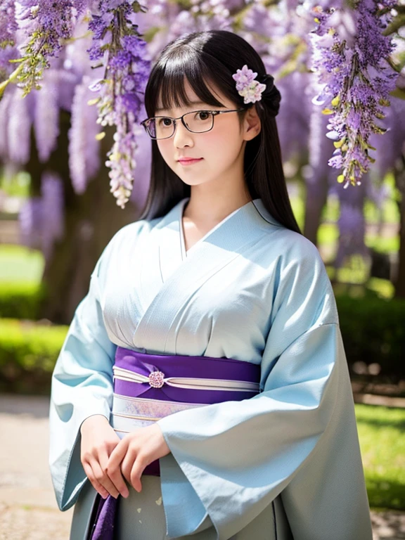 4K、highest quality、High resolution、Photorealistic、Black Hair Long Princess Cut Hair、Cute realistic Japanese 15 year old girl、Looking at the camera、A park with wisteria blooming during the day, Wearing a beautiful and elegant kimono, Very large breasts, Always wears glasses