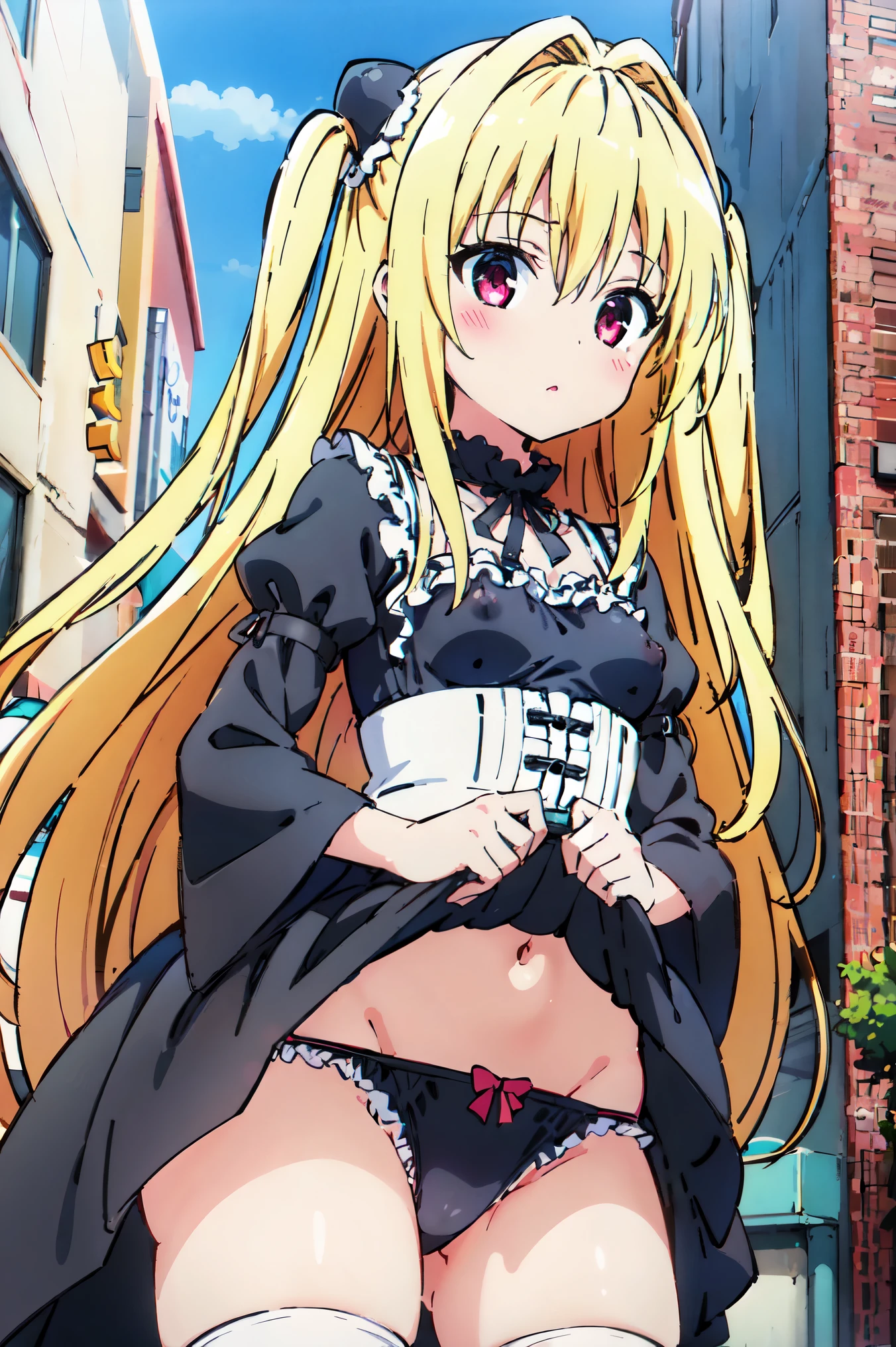 1 Girl、blonde、、Small breasts、Short、Gothic ta Clothing、Big city、High resolution、highest quality、Detailed face、Anime Moe Art Style、abdomen、Cowboy Shot、healthy、Puffy nipples、Anime Best Girl, cute anime girl、Panties、Skirt Lift、Self Lift、Groin